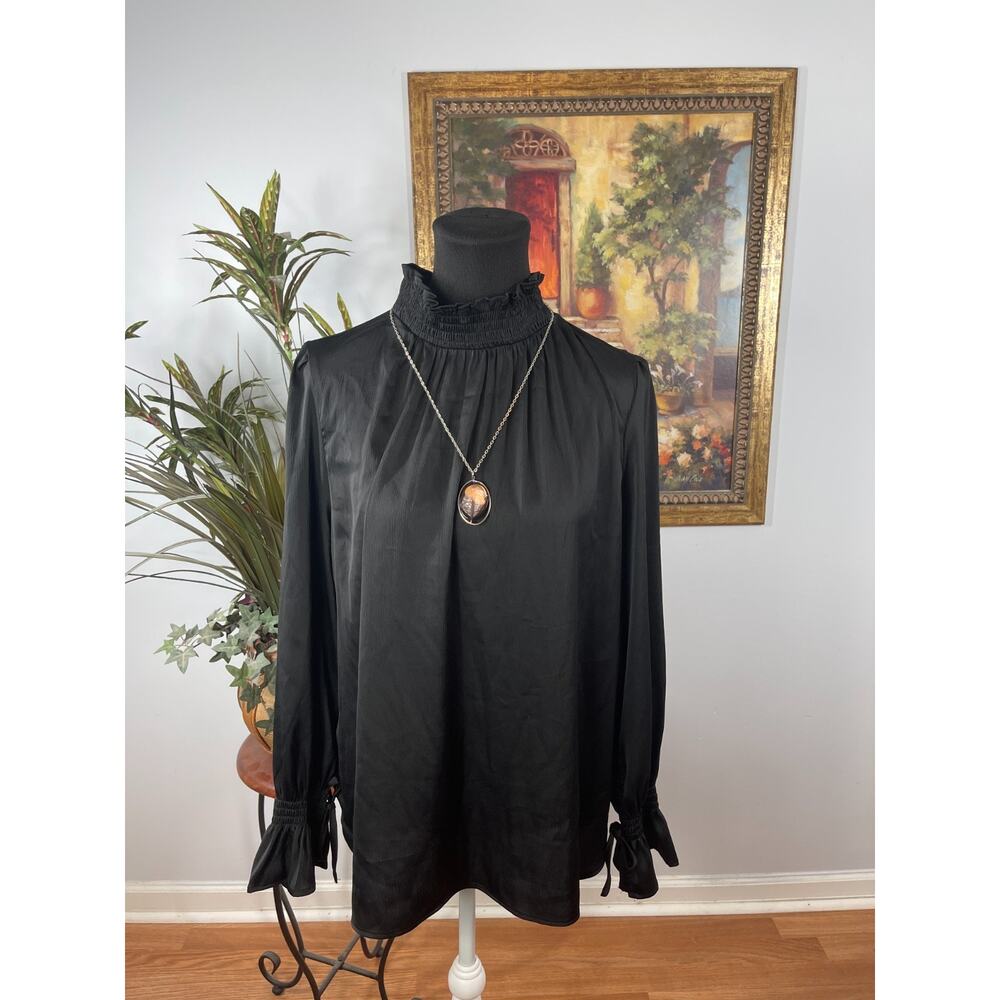 H&M Top Womens M Black Ruffle Smocked Mock Neck Victorian Revival Goth Chic